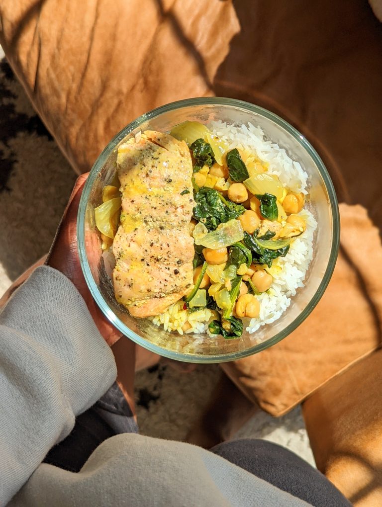 salmon chickpea coconut curry recipe over rice